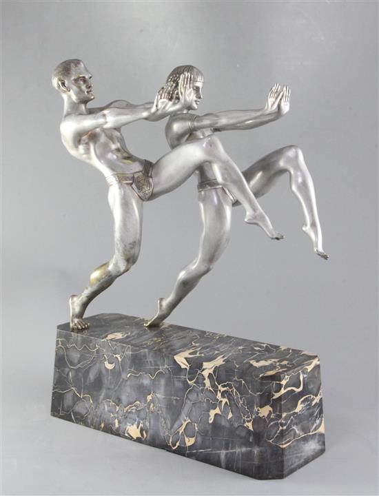 Limousin, Paris. A 1920s silvered bronze figure group of dancers, height 17.5in.